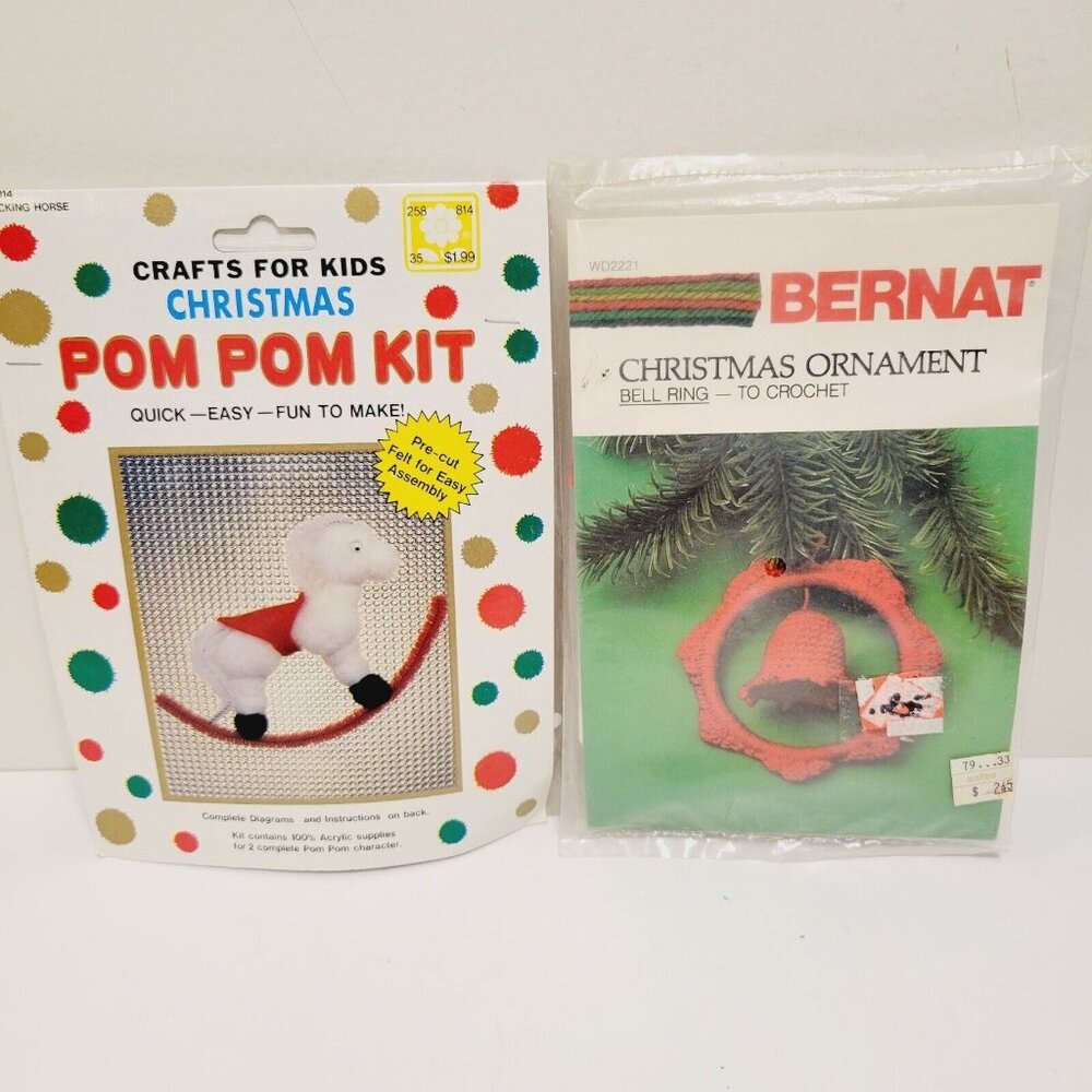 2 Christmas DIY Ornament Crafts Rocking Horse Pom Pom Red Bell Wreath Kits
